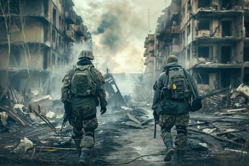 Wall Mural - Two mercenary soldiers walk after the successful completion of the operation against the backdrop of a destroyed city. Collage - one model in two poses.