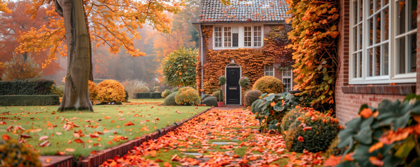 Beautiful panoramic background with Dutch garden in autumn near the small cozy house.