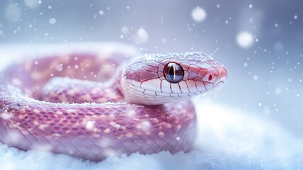 Close-up of red snake in snow with snowflakes around it