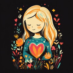 Wall Mural - A cheerful girl surrounded by colorful flowers and a heart.