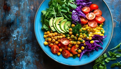 Vibrant chickpea and avocado salad with red cabbage, tomatoes, corn, and greens on a bright blue plate