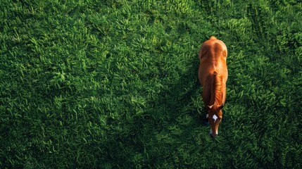 Wall Mural - A lone brown horse grazes peacefully on lush greenery under the warm afternoon sunlight in a serene countryside. Generative AI