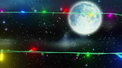 Wall Mural - Coloured christmas string lights flashing over full moon in night sky