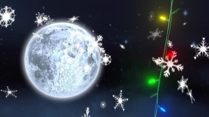 Sticker - Coloured christmas string lights flashing falling snowflakes and full moon in night sky