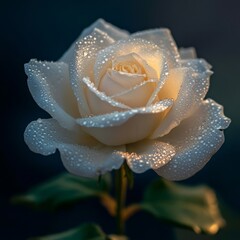 Canvas Print - A close-up of a dew-covered white rose in soft lighting.