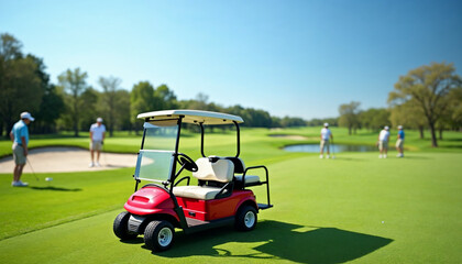 Stylish golf cart on a sunlit course with a panoramic view, golfers in the distance, and space for text.






