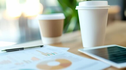 Poster - Coffee cups and financial charts on a wooden office table with a digital tablet. Business strategy and meeting setup concept.