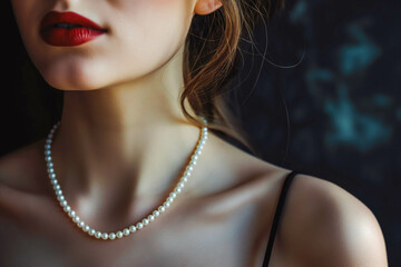 Wall Mural - Young woman wearing elegant pearl jewelry on black background, space for text