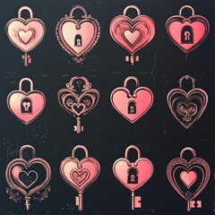 Wall Mural - A collection of heart-shaped locks and keys in various designs.