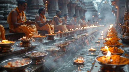 Poster - Ganges Aarti Festival . Following the Ganga Aarti, sanctified offerings are distributed among devotees, often consisting of sweets, fruits, and holy water, symbolizing blessings and divine grace.