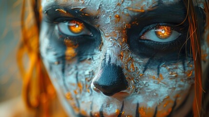 Wall Mural - Halloween, the spookiest day of the year. A close-up shot of a person applying intricate makeup, their transformation into a spooky or fantastical character taking shape.