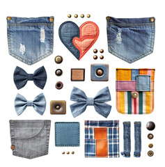 set of jeans detail. collection of denim trouser and jacket elements - pocket, metal button and rive