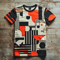 Poster - A colorful abstract patterned t-shirt on a wooden surface.