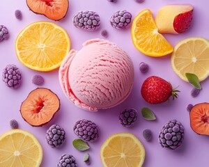 Sticker - A colorful arrangement of ice cream and fresh fruits.