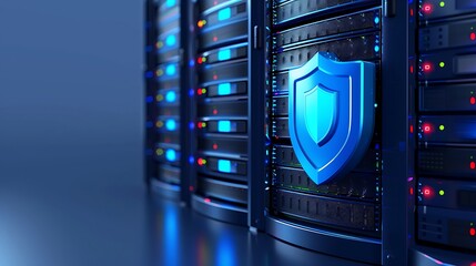 Poster - A modern data center featuring a blue shield symbolizing cyber security and protection of digital information.
