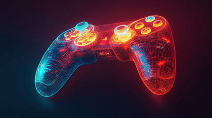 Vibrant neon game controller 3D render with bright colors and smooth design, concept art illustration, studio lighting and professional color grading isolated on black background.