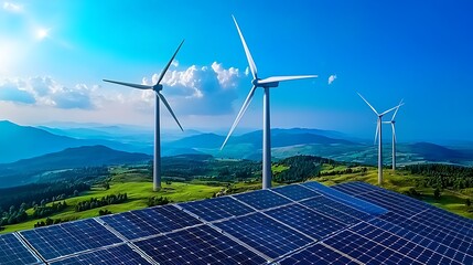 Wall Mural - Solar panels and wind turbines stand tall on a mountaintop, harnessing clean energy from the sun and wind.