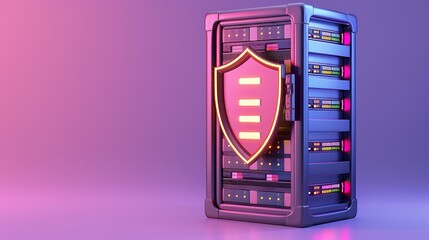 Poster - A modern data server featuring a glowing shield, symbolizing cybersecurity and data protection in a digital environment.