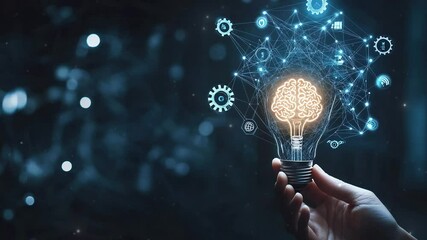 Poster - businessman holding a light bulb with a glowing brain. business innovation and tech. symbolizing inn