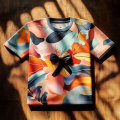 Poster - A colorful floral-patterned t-shirt with a bow detail.