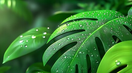 A close-up of a green leaf reveals the beauty of dew drops resting gently on its surface.