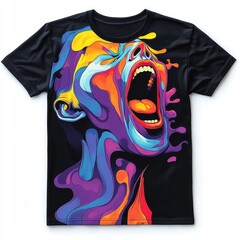 A colorful graphic t-shirt featuring an abstract screaming face.