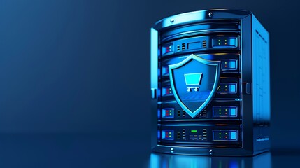 Poster - A modern data server with a protective shield symbol, representing cybersecurity and data storage in a sleek blue design.