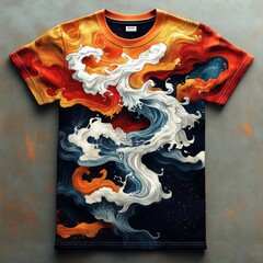 Poster - A colorful graphic t-shirt featuring swirling clouds and abstract designs.