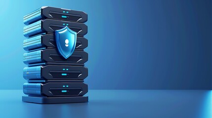 Poster - A modern data server with a security shield, representing advanced technology and data protection in a digital environment.