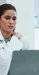 Poster - Woman, laptop and doctor with back pain from fatigue, healthcare and muscle tension for professional. Internet, email and telehealth for online consult, injury and female person with inflammation