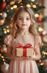 Beautiful young girl in pink dress holding gift box near decorated Christmas tree