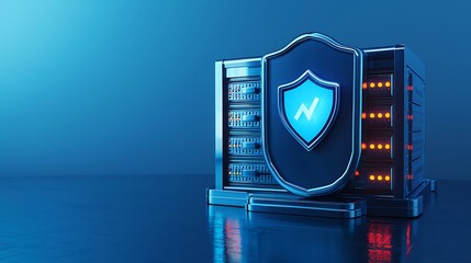 Poster - A modern server cabinet featuring a shield emblem, symbolizing data security and network protection in a digital environment.