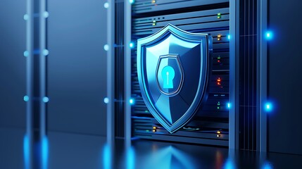 Poster - A modern server room featuring a secure shield symbolizing data protection and cybersecurity, with blue LED accents.