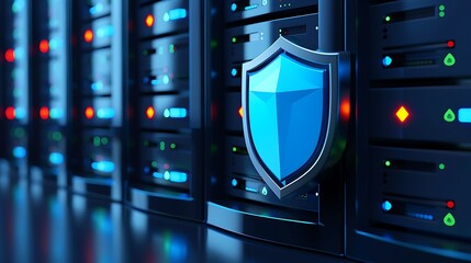 Poster - A modern server room showcasing secure data storage with blue shield icon representing cybersecurity and data protection.