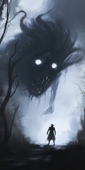 Wall Mural - A man stands in front of a large, scary monster. The monster has glowing eyes and a menacing expression. The scene is dark and eerie, with a sense of danger and fear