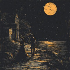 Poster - A couple walks by the moonlit shore near an old house.