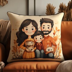 Sticker - A cozy family illustration on a decorative pillow.