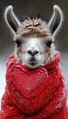 Wall Mural - A cozy llama wrapped in a red heart-patterned scarf.