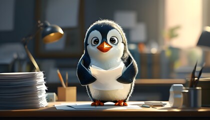 Wall Mural - Melancholic Penguin in a Cozy Office Surrounded by Papers in a Charming Watercolor Style