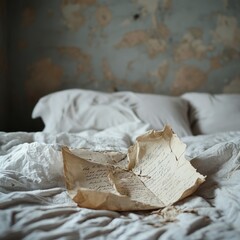 Canvas Print - A crumpled letter on a bed in a rustic, worn-out room.