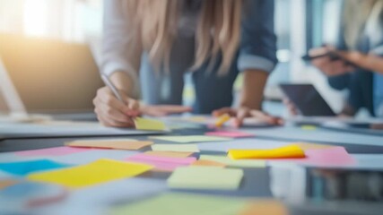 Poster - Team members engaged in a planning session using colorful sticky notes on a glass wall in a modern office.