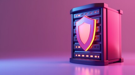 Poster - A modern server with a shield symbol, representing cybersecurity and data protection. Ideal for tech-related projects.
