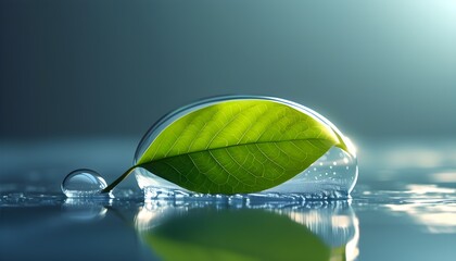 Elegant leaf encapsulated in a bubble, symbolizing health and nature in a serene, whimsical graphic design illustration