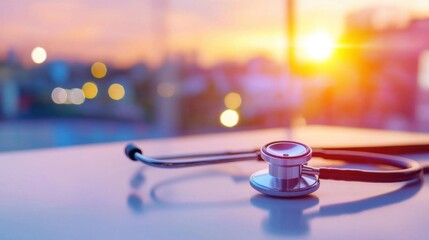 A close-up view of a stethoscope on a surface, with a beautiful sunset backdrop, symbolizing healthcare and hope.