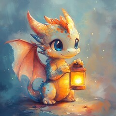 Sticker - A cute dragon holding a lantern in a whimsical setting.