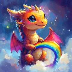 Poster - A cute dragon holding a rainbow in a colorful, dreamy sky.