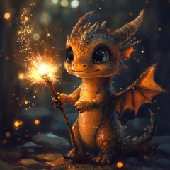 Wall Mural - A cute dragon holding a sparkling wand in a magical forest.