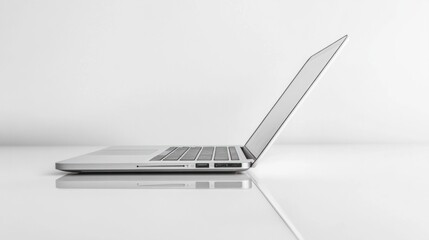 A modern, silver laptop with the lid slightly open, sitting on a white background, casting a reflection.