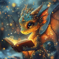 Wall Mural - A cute dragon reading a book in a magical, glowing environment.