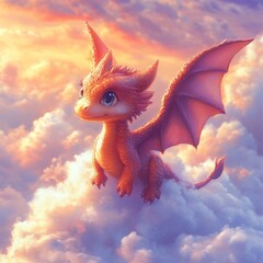 Poster - A cute dragon resting on clouds during a colorful sunset.